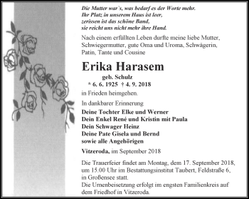 Traueranzeige von Erika Harasem von Thüringer Allgemeine, Thüringische Landeszeitung