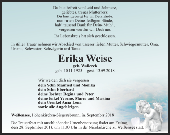Traueranzeige von Erika Weise von Thüringer Allgemeine