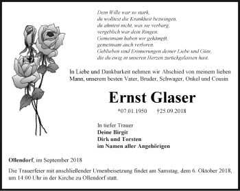 Traueranzeige von Ernst Glaser von Thüringer Allgemeine, Thüringische Landeszeitung