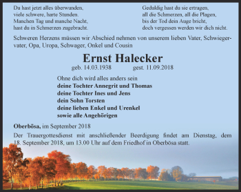 Traueranzeige von Ernst Halecker von Thüringer Allgemeine