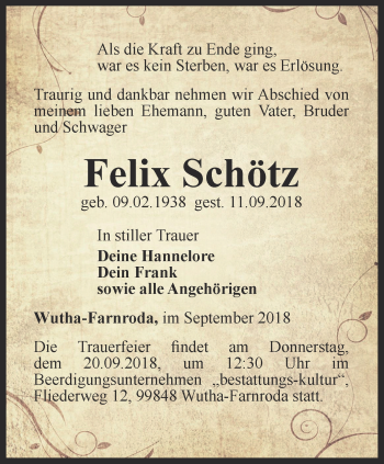 Traueranzeige von Felix Schötz von Thüringer Allgemeine, Thüringische Landeszeitung