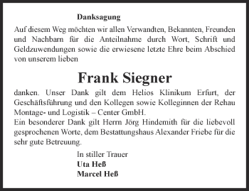 Traueranzeige von Frank Siegner
