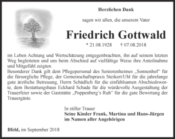 Traueranzeige von Friedrich Gottwald von Thüringer Allgemeine