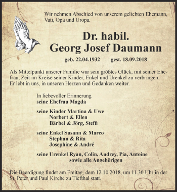 Traueranzeige von Georg Josef Daumann von Thüringer Allgemeine, Thüringische Landeszeitung