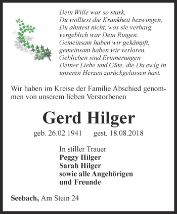 Traueranzeige von Gerd Hilger von Thüringer Allgemeine, Thüringische Landeszeitung