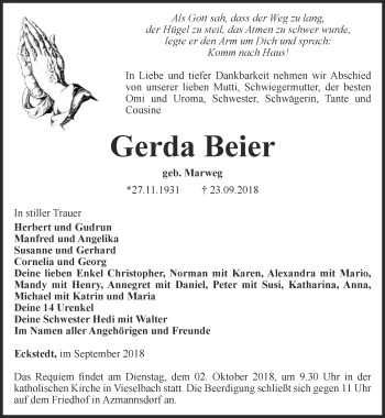 Traueranzeige von Gerda Beier von Thüringer Allgemeine, Thüringische Landeszeitung