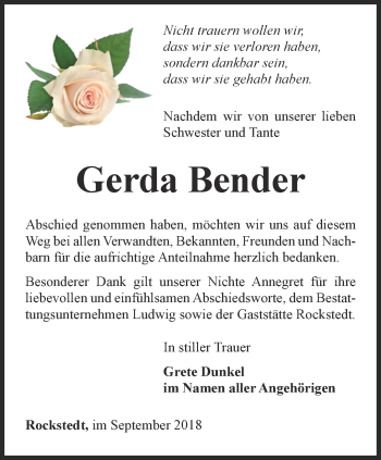 Traueranzeige von Gerda Bender von Thüringer Allgemeine