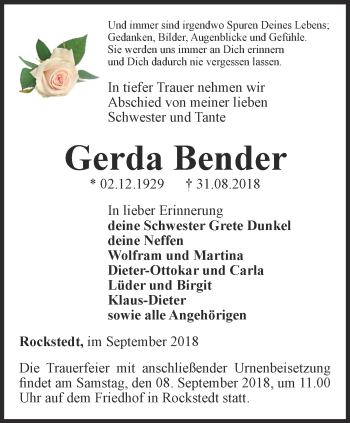 Traueranzeige von Gerda Bender von Thüringer Allgemeine