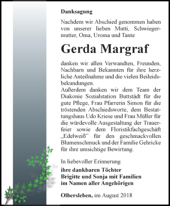 Traueranzeige von Gerda Margraf von Thüringer Allgemeine