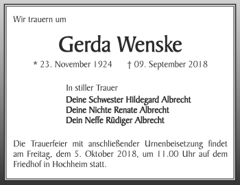 Traueranzeige von Gerda Wenske von Thüringer Allgemeine, Thüringische Landeszeitung