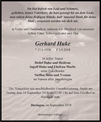 Traueranzeige von Gerhard Huke von Thüringer Allgemeine