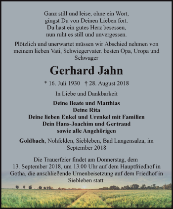 Traueranzeige von Gerhard Jahn von Ostthüringer Zeitung, Thüringische Landeszeitung