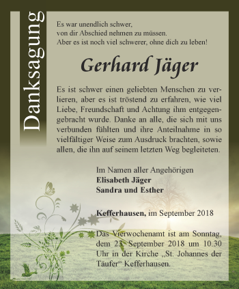 Traueranzeige von Gerhard Jäger von Thüringer Allgemeine