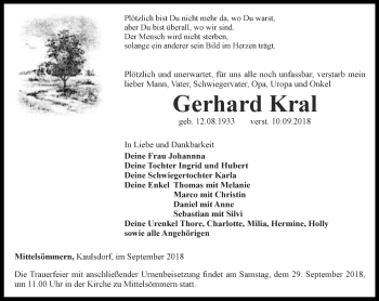 Traueranzeige von Gerhard Kral von Thüringer Allgemeine, Thüringische Landeszeitung