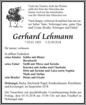 Traueranzeige von Gerhard Lehmann von Thüringer Allgemeine