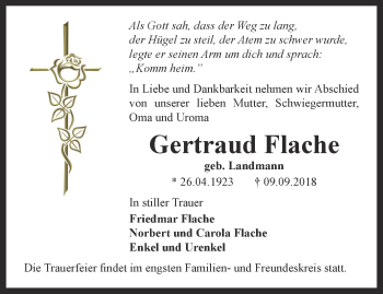 Traueranzeige von Gertraud Flache von Ostthüringer Zeitung