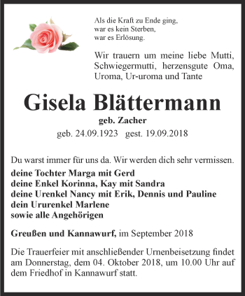 Traueranzeige von Gisela Blättermann von Thüringer Allgemeine