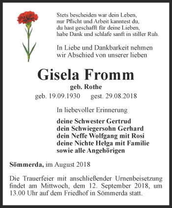 Traueranzeige von Gisela Fromm von Thüringer Allgemeine