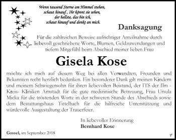 Traueranzeige von Gisela Kose von Thüringer Allgemeine