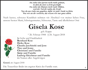 Traueranzeige von Gisela Kose von Thüringer Allgemeine