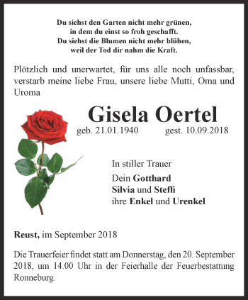 Traueranzeige von Gisela Oertel von Ostthüringer Zeitung