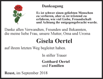 Traueranzeige von Gisela Oertel von Ostthüringer Zeitung