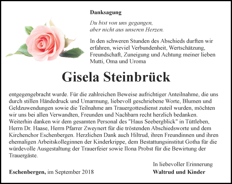  Traueranzeige für Gisela Steinbrück vom 01.09.2018 aus Ostthüringer Zeitung, Thüringische Landeszeitung