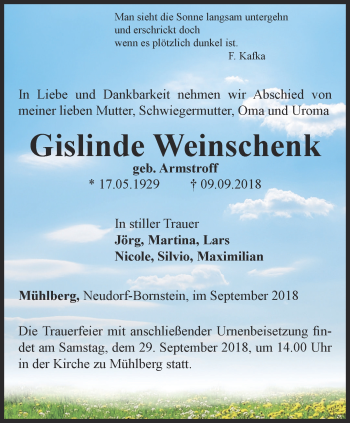 Traueranzeige von Gislinde Weinschenk von Ostthüringer Zeitung, Thüringische Landeszeitung