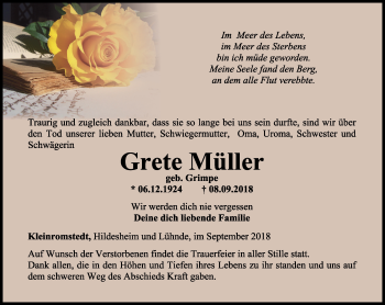 Traueranzeige von Grete Müller von Thüringer Allgemeine, Thüringische Landeszeitung