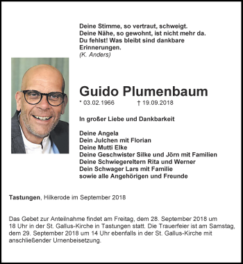 Traueranzeige von Guido Plumenbaum von Thüringer Allgemeine