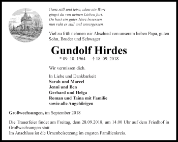 Traueranzeige von Gundolf Hirdes von Thüringer Allgemeine