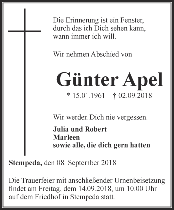 Traueranzeige von Günter Apel von Thüringer Allgemeine