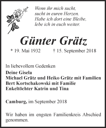 Traueranzeige von Günter Grätz von Ostthüringer Zeitung, Thüringische Landeszeitung