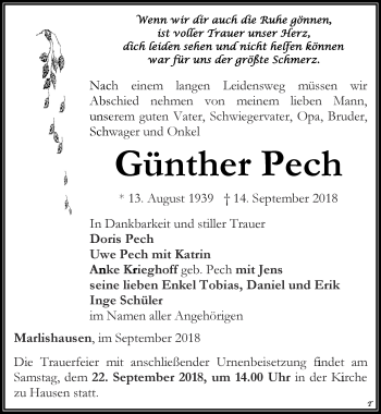 Traueranzeige von Günther Pech von Thüringer Allgemeine