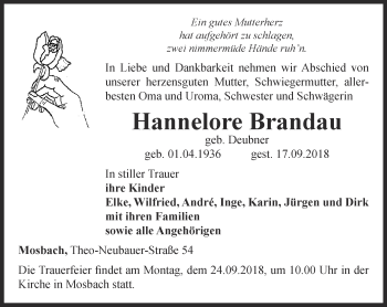 Traueranzeige von Hannelore Brandau von Thüringer Allgemeine, Thüringische Landeszeitung