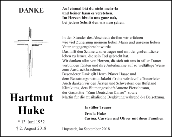 Traueranzeige von Hartmut Huke von Thüringer Allgemeine, Thüringische Landeszeitung