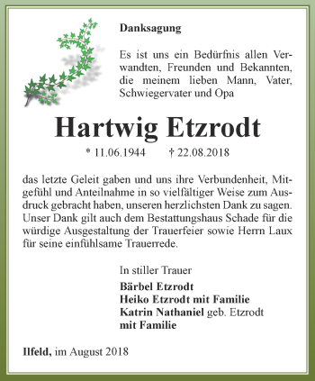 Traueranzeige von Hartwig Etzrodt  von Thüringer Allgemeine