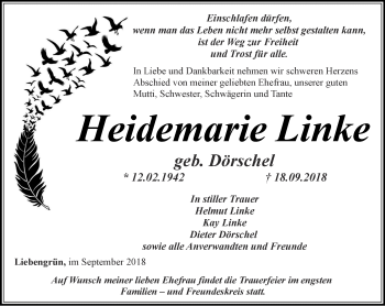 Traueranzeige von Heidemarie Linke von Ostthüringer Zeitung