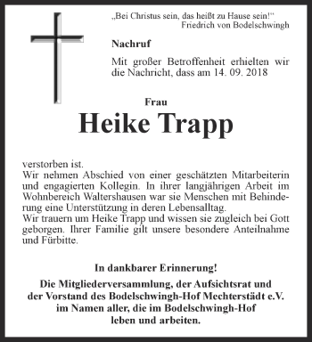 Traueranzeige von Heike Trapp von Ostthüringer Zeitung, Thüringische Landeszeitung