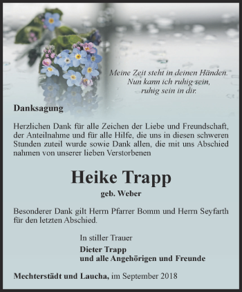 Traueranzeige von Heike Trapp von Ostthüringer Zeitung, Thüringische Landeszeitung