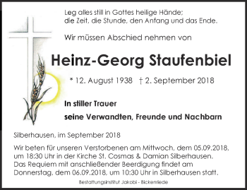 Traueranzeige von Heinz-Georg Staufenbiel von Thüringer Allgemeine