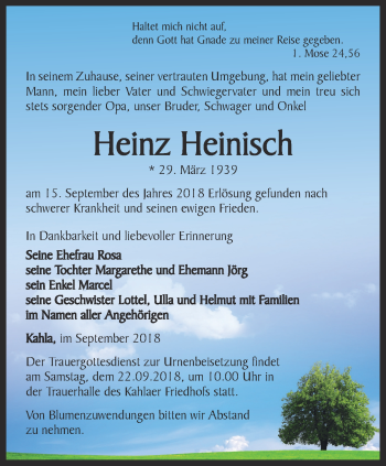 Traueranzeige von Heinz Heinisch von Ostthüringer Zeitung, Thüringische Landeszeitung