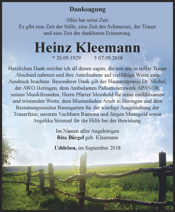 Traueranzeige von Heinz Kleemann von Thüringer Allgemeine