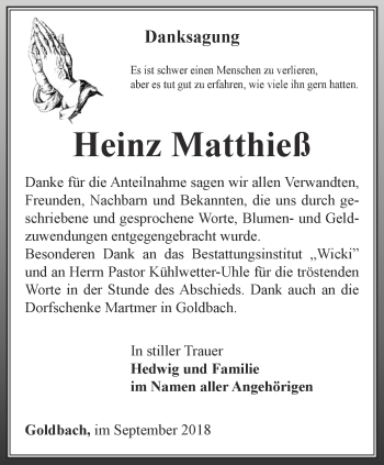 Traueranzeige von Heinz Matthieß von Ostthüringer Zeitung, Thüringische Landeszeitung