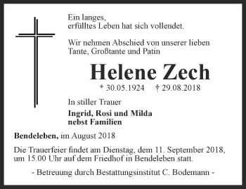 Traueranzeige von Helene Zech von Thüringer Allgemeine