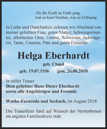 Traueranzeige von Helga Eberhardt von Thüringer Allgemeine, Thüringische Landeszeitung