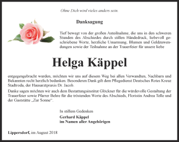 Traueranzeige von Helga Käppel von Ostthüringer Zeitung