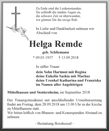 Traueranzeige von Helga Remde von Thüringer Allgemeine, Thüringische Landeszeitung