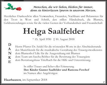 Traueranzeige von Helga Saalfelder von Thüringer Allgemeine