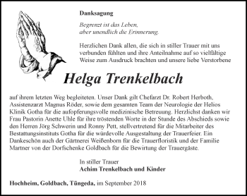 Traueranzeige von Helga Trenkelbach von Ostthüringer Zeitung, Thüringische Landeszeitung
